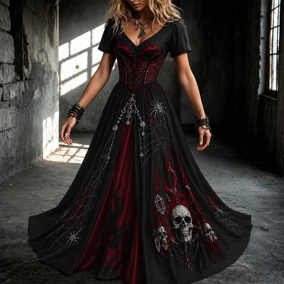 HCBY Women's Halloween Gothic Maxi Dress, V Neck Short Sleeve Black Costume Dress with Red Graphic Design for Party Events