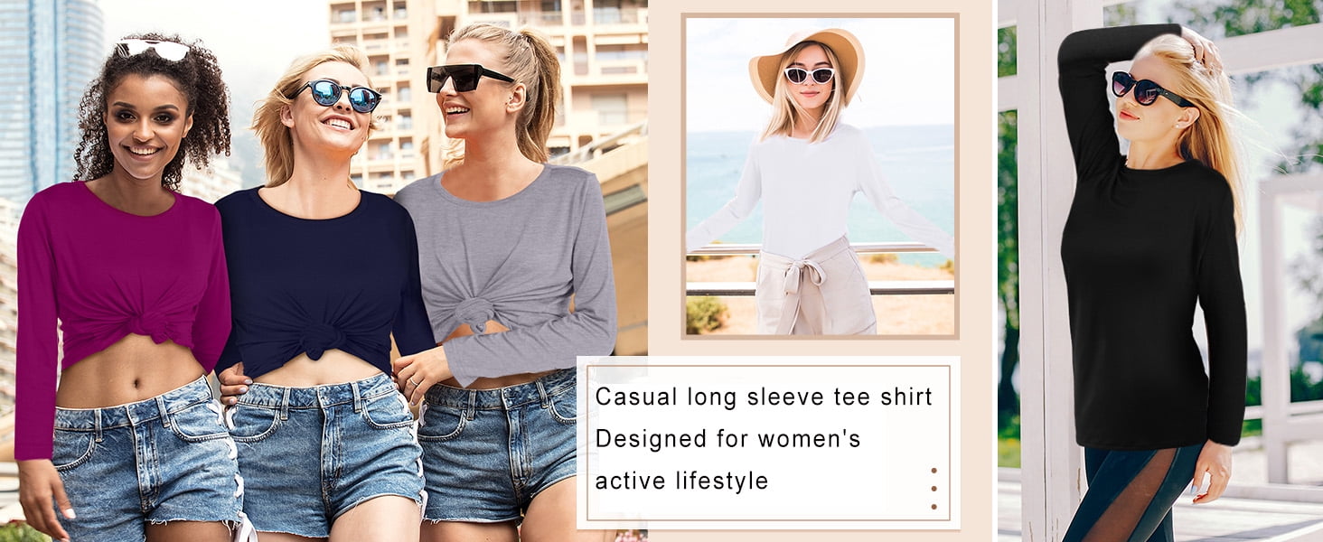 MOSHU 3 Pack T Shirts for Women Crew Neck Long Sleeve Womens shirts Casual Loose Fit Fall Tops