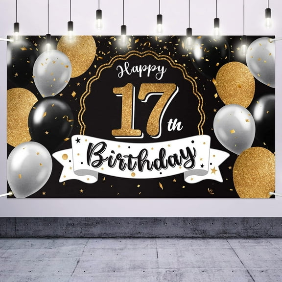 Happy 17th Birthday Decorations,17th Black & Gold Balloon Large Birthday Banner Backdrop