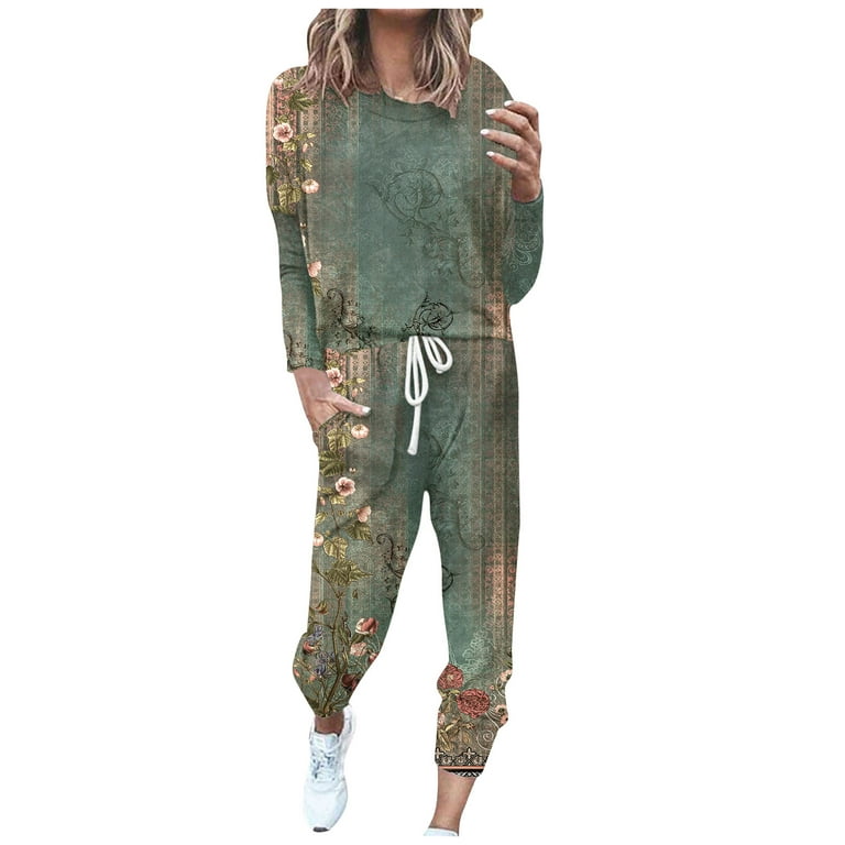 Womens Two Piece Long Sleeve Outfits Floral,Sweatsuits for Women Set 2  Piece Boho Flower Printed Crewneck Pullover Tops and Drawstring Jogger  Pants Workout Tracksuits 2023 