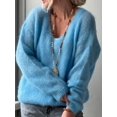 thumbnail image 4 of Women Soft Deep V Neck Drop Shoulder Lantern Long Sleeve Oversized Lazy Fit Solid Knit Sweater Blue S, 4 of 8