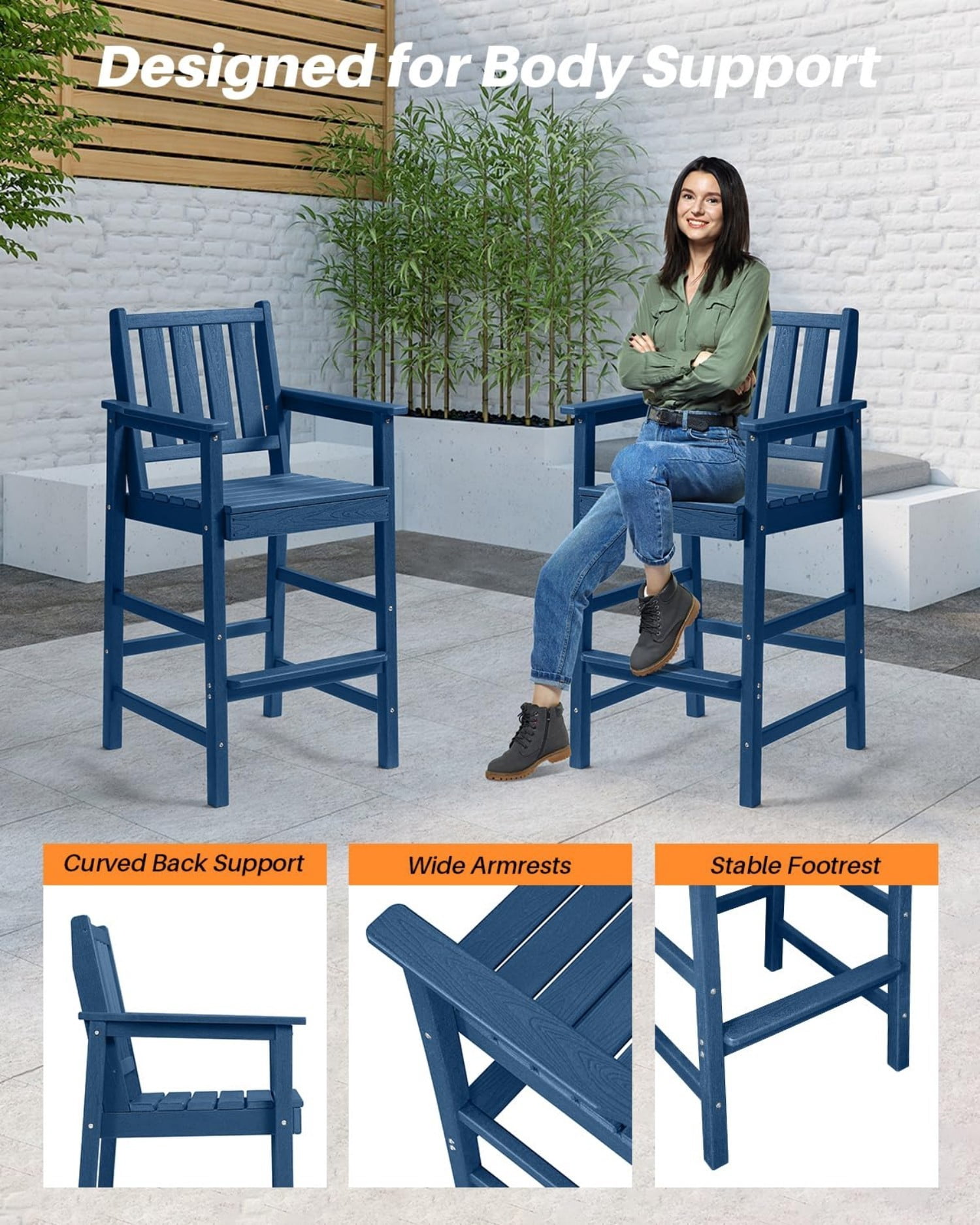 3-Piece Adirondack Bar Table Set, HDPE Outdoor Bar Height Chairs and Table Set, All Weather Patio Bar Furniture for Balcony, Porch, Garden, Poolside, Navy