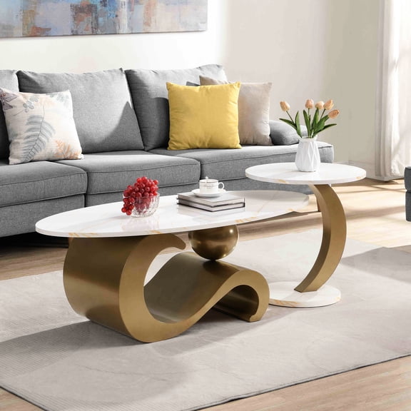 Modern Golden Coffee Table For Home Living - 2 Pieces, Oval & Round, Build Of Area Oval, Fashionable