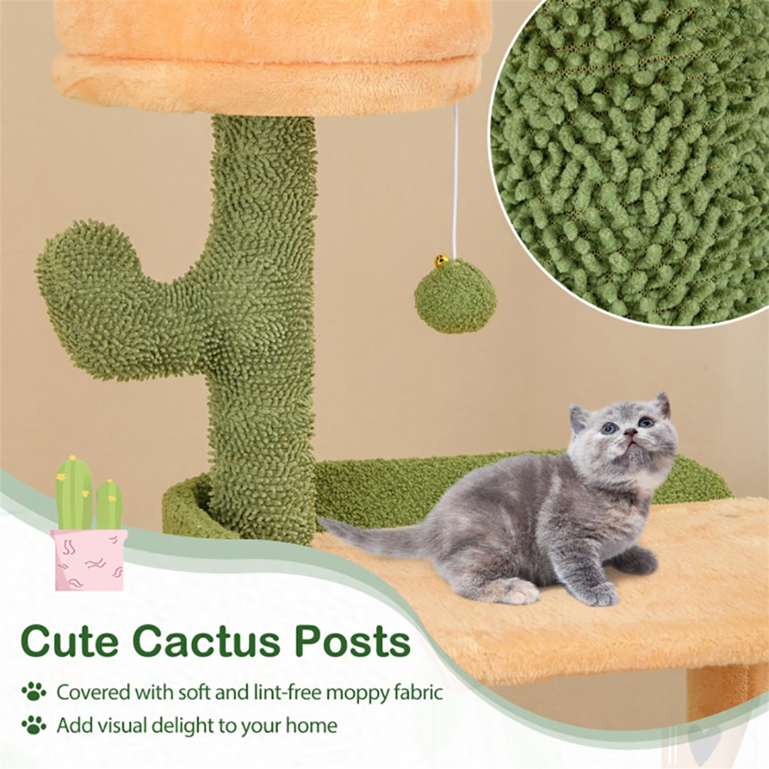 Kadyn 63" Cactus Cat Tree with Toy, Cat Tower Condo for Indoor Cats with Cozy Hammock, Sisal Scratching Posts and Board, Green