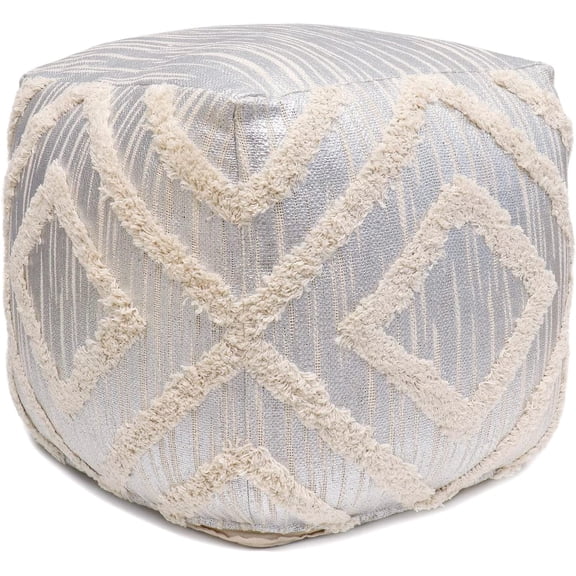 Pasargad Home Grandcanyon Cotton Shaggy Pouf, 100% Cotton Pouf, Hand Woven- Polly Stuffed Pouf- Sitting, Foot Stool - Square Poufs for Living Room - Luxury Room Decor, 17"x17"x17", Ivory/Silver