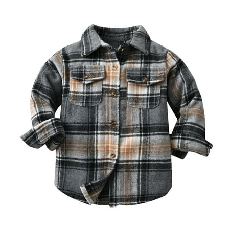 

Toddler Boys Long Sleeve Winter Shirt Tops Coat Outwear Baby Clothes Plaid Grey Autumn