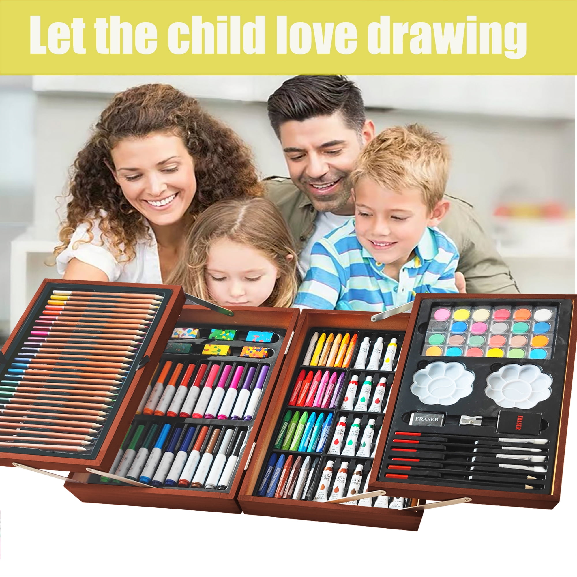 KINSPORY 139 pack Deluxe Portable Double Layers Wooden Coloring Drawing Kit with Sketch Pads, Art Set Gift for Artist Adults Beginners Kids (Brown)