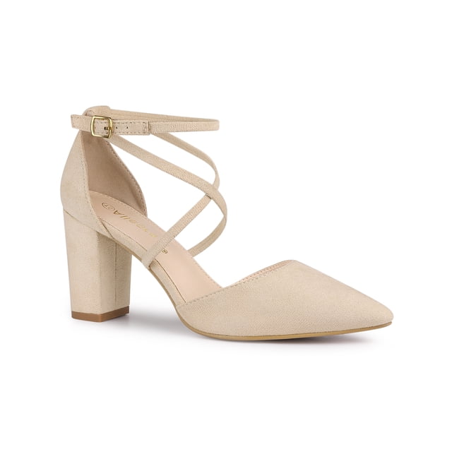 BLISSFUL STEP Women's Pointed Toe Cross Strap Block Heels Pumps Beige 6