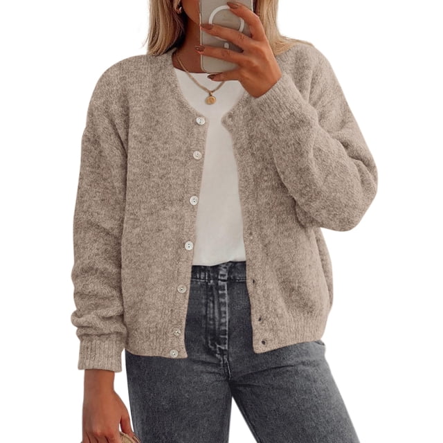 Suéter PRETTYGARDEN con botones, liviano, cuello redondo, color caqui, talla S