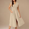 thumbnail image 4 of Uscallm Women's Summer Casual V Neck Short Sleeve Midi Dresses Flowy A-Line Zip Boho Beach Vacation Solid Maxi Sundresses, Khaki L, 4 of 9