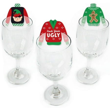 Ugly Sweater - Shaped Holiday & Christmas Party Wine Glass Markers - Set of