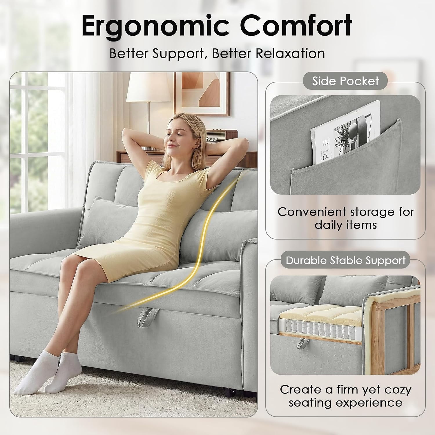 WAKEFIT 54" Pull-Out Sleeper Sofa Bed,3-in-1 Convertible Loveseat Couch with Adjustable Backrest for Small Living Room,Velvet,Light Gray