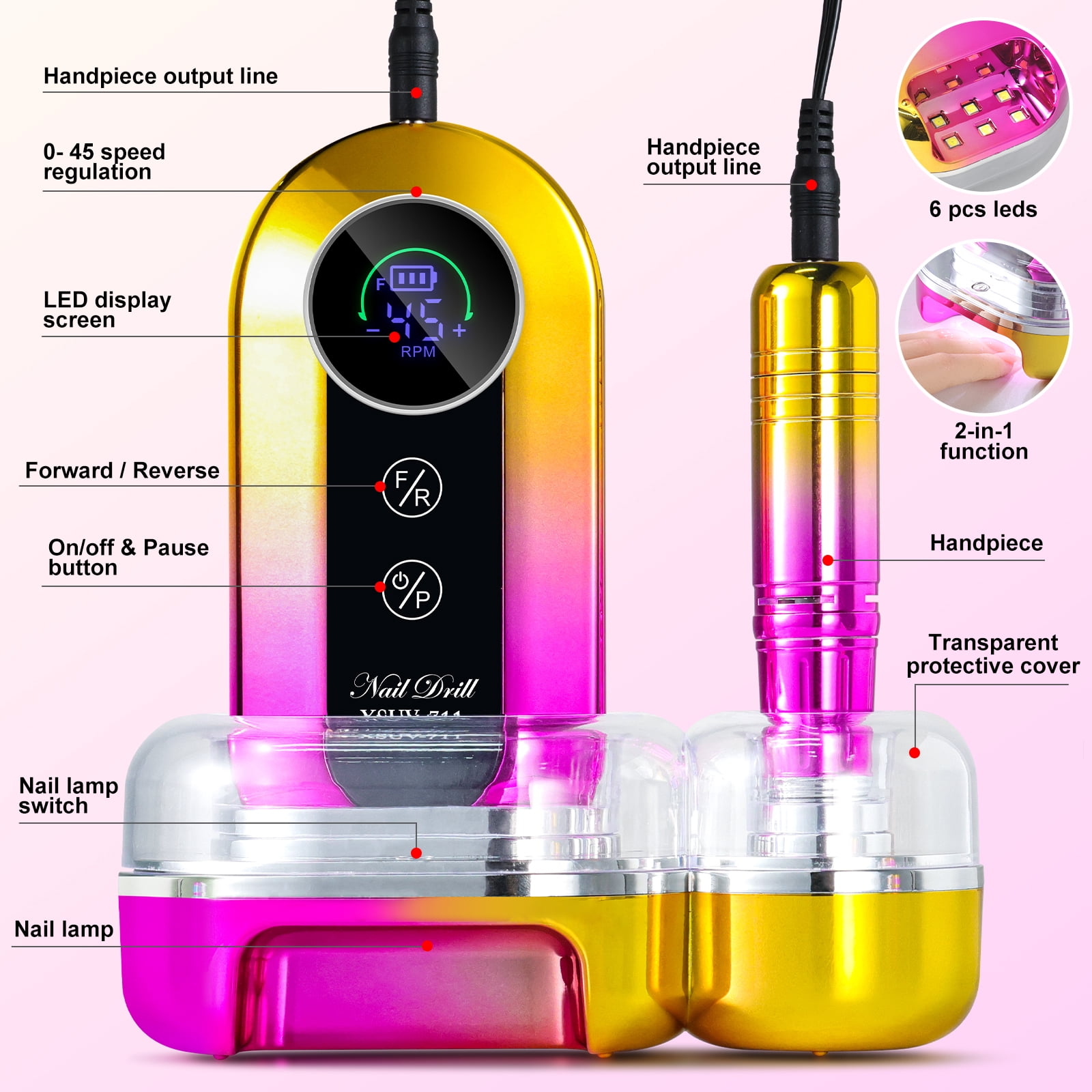 Limegirl Electric Nail Drill Kit 45000RPM Cordless Nail Drill with 11 Drill Bits, Rechargeable Nail E-File for Acrylic Gel Polishing Removing, Nail File Machine for Manicure Salon Home