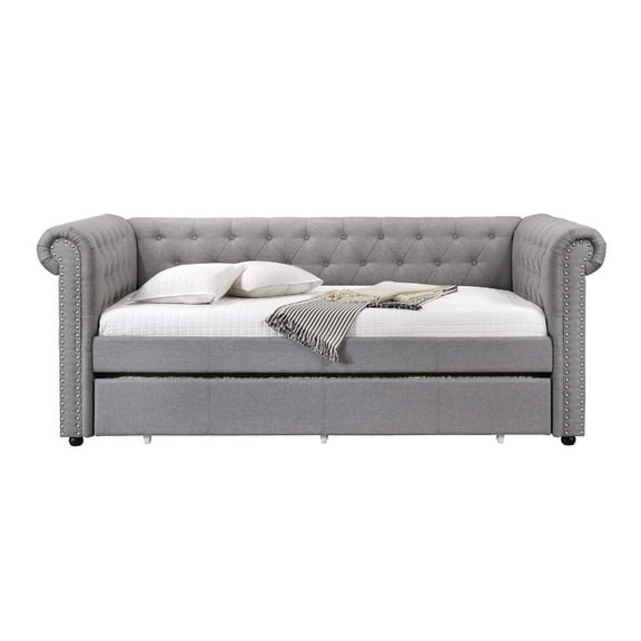 Benjara Chesterfield Twin Size Daybed with Attached Trundle and Nailhead Trims,Gray