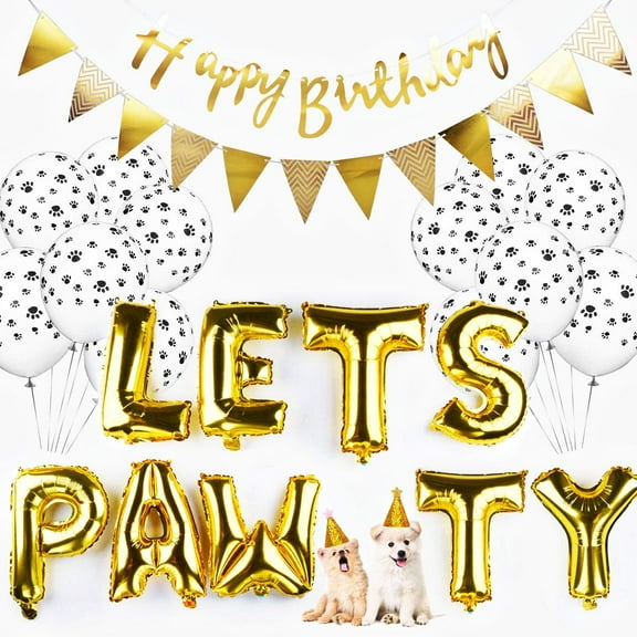 Golden Dog Paw Print Balloons Cat Birthday Hat Happy Birthday Banner Foil Balloons Lets Pawty Letters Decorations (Includes Filling Pump)