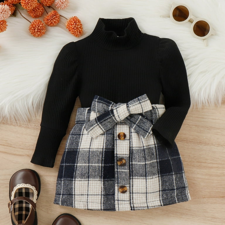 TAIAOJING Baby Girl Outfit Toddler Girls Long Sleeve Ribbed Knitted Turtleneck T Shirt Tops Plaid Prints Bow Tie Skirt Outfits Girls Fashion Outfits