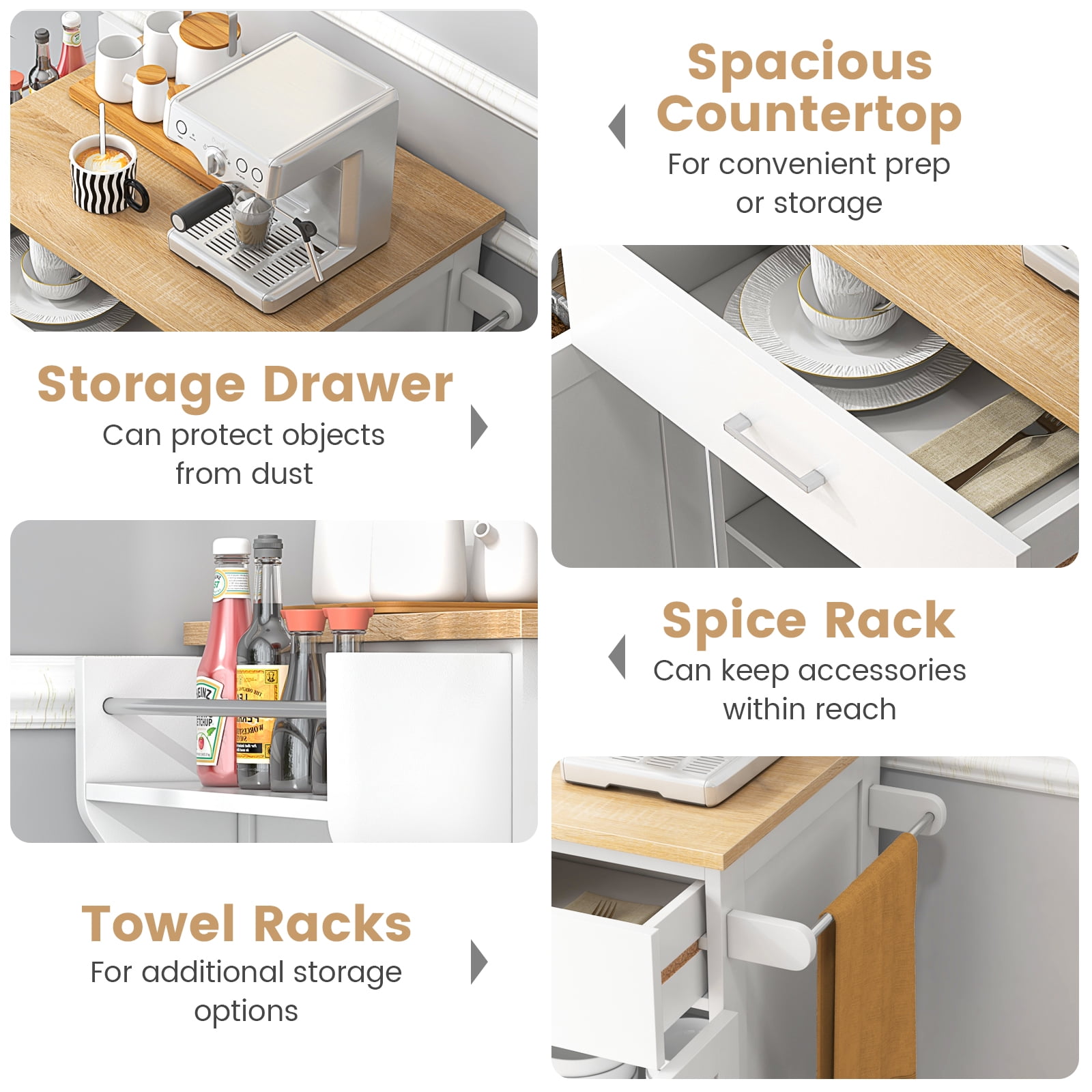Giantex Kitchen Island w/Storage Cabinets, Trolley Cart w/Adjustable Height Shelves & Wheels, Spice Rack, Towel Rack, White