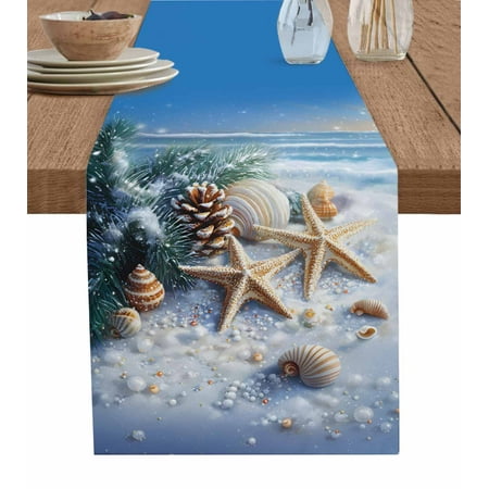 

Christmas Beach Table Runner Blue Shell Starfish Conch Pine Cone Snow Tablerunners 18 x 72 Inch Table Decorations Tabletop Scarf for Summer Gathering Holiday Farmhouse Kitchen Dining Decor