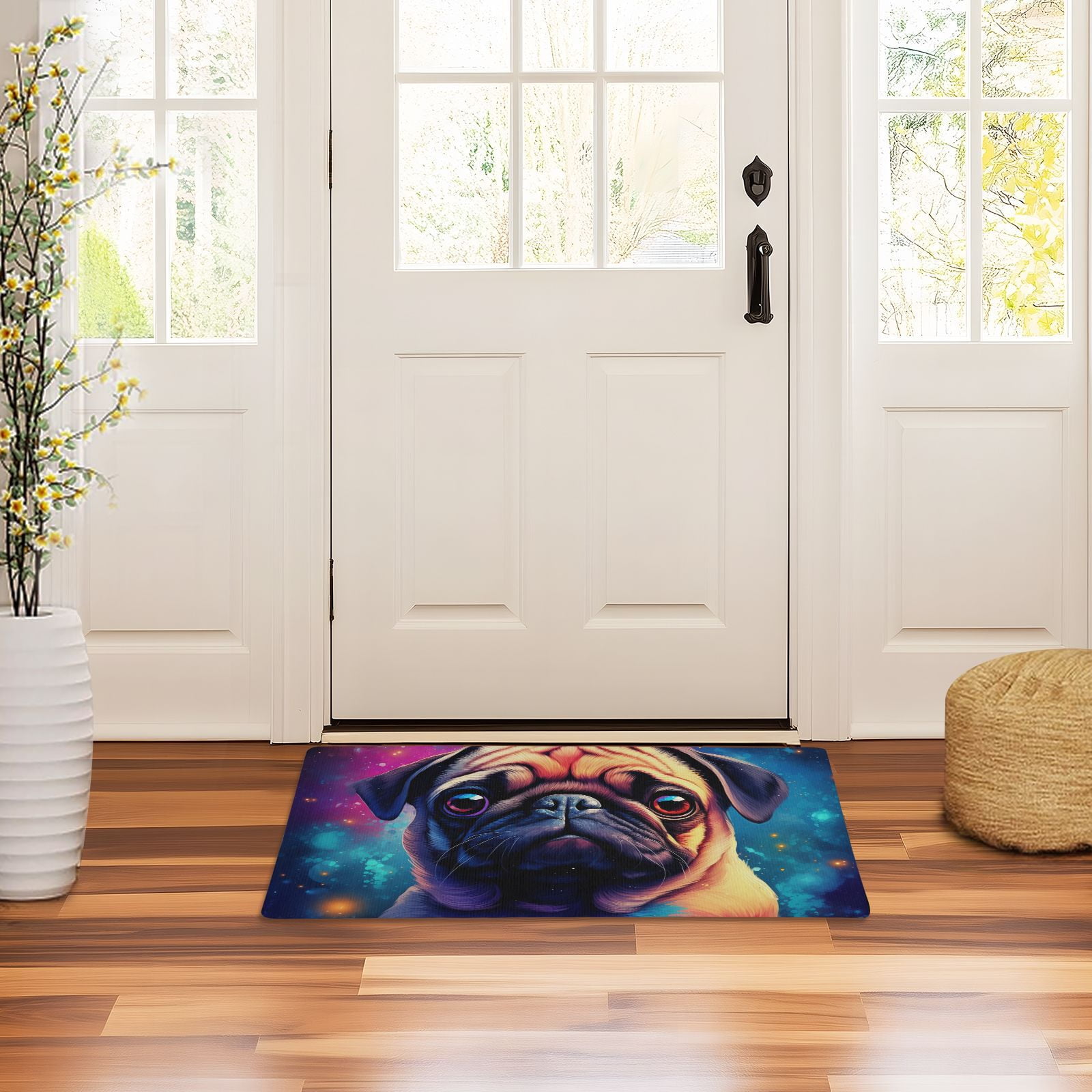 JSTEL Cute Pug Dog Galaxy Front Door Mat Outside Entrance 32x20 Inch Doormat for Outdoor Indoor Washable Non Slip Floor Mats