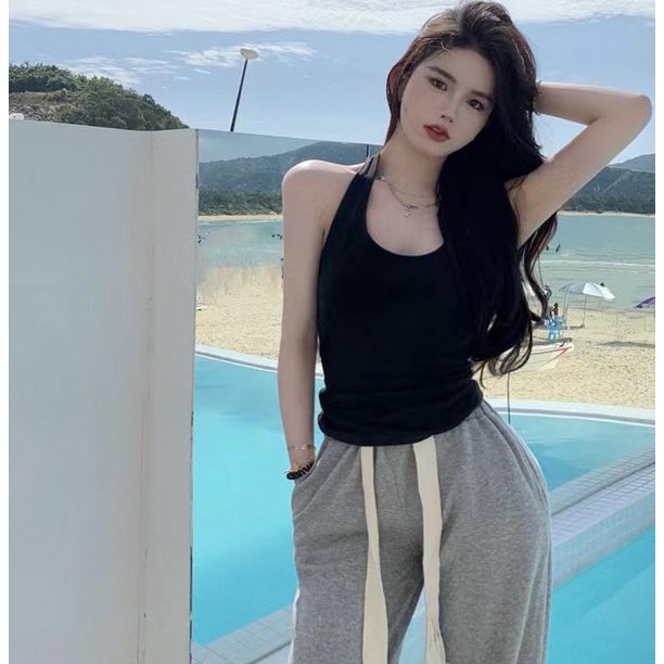 VISgogo - Camiseta sin mangas con cuello halter para mujer, color sólido, sin mangas, elástica, informal, para verano VISgogo moda