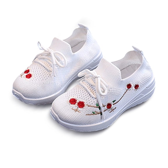 Aihuaihua 2026 Girls Casual Sneakers Breathable Mesh Embroidered Athletic Walking Shoes For Toddler Kids White