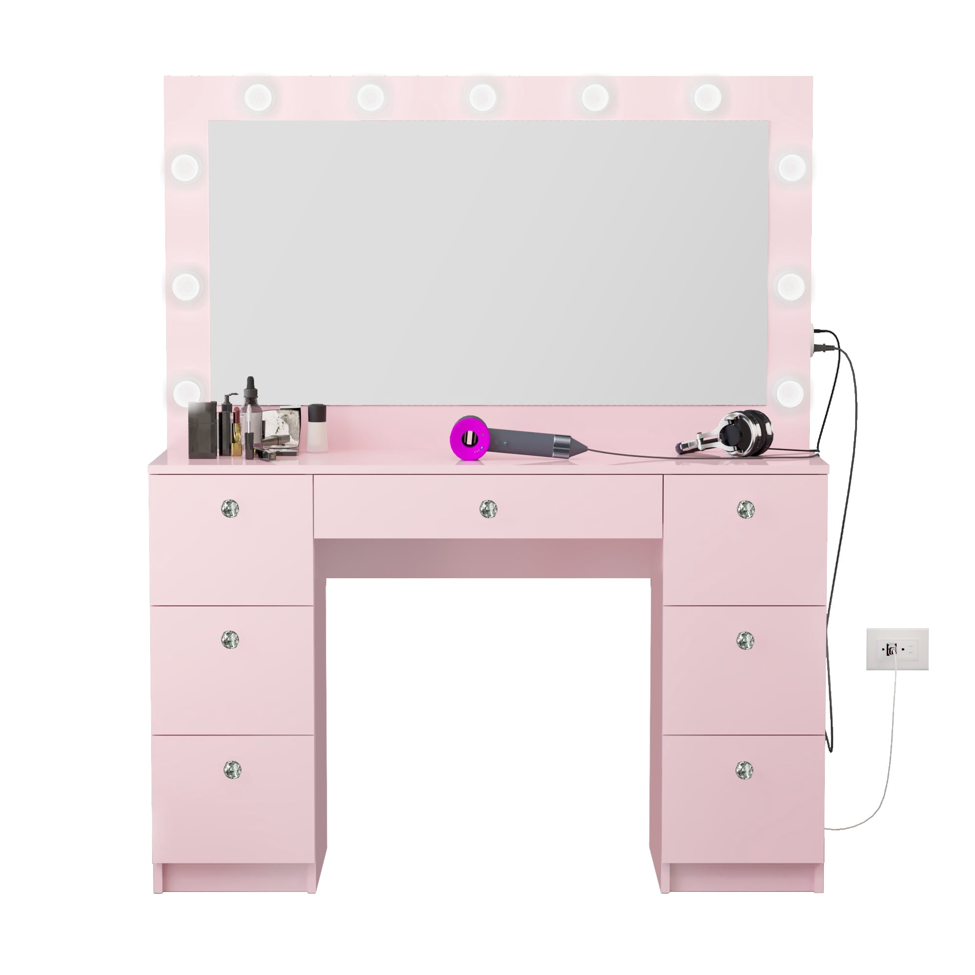 Ember Interiors Tammy Modern Large Pink Makeup Vanity Desk with Built-in Lights, Power Outlet with USB Type-C, 7 Drawers and Crystal Knobs