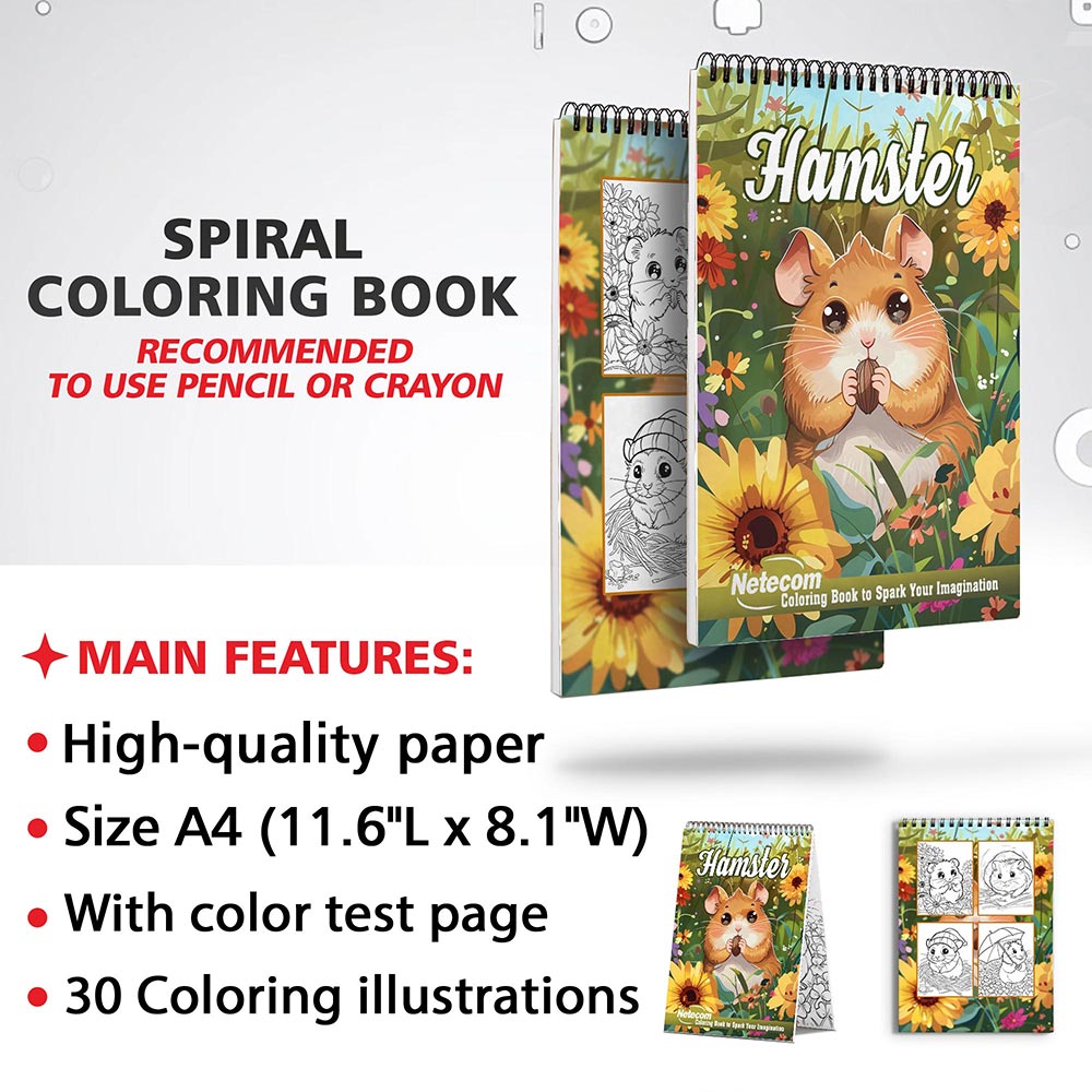 Netecom Hamster Coloring Book for Adults, Spiral Bound, Soft Cover