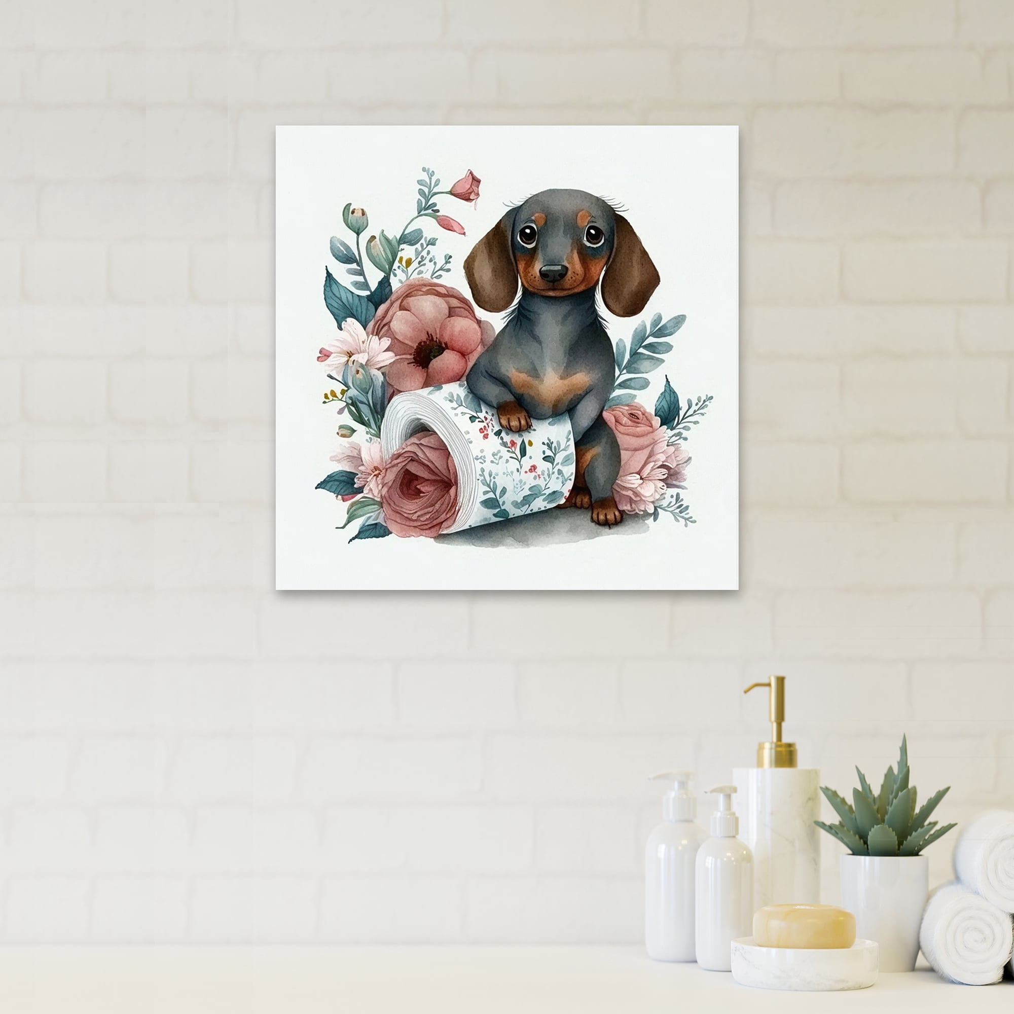 Designart Dog Building A Tower Of Toilet Paper With Flowers Canvas Wall Art