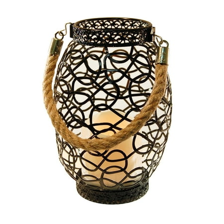 - Metal Wire Lantern with LED Candle, Black Swirl