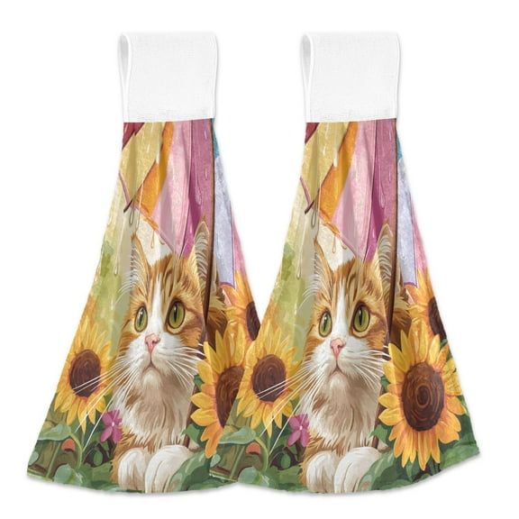 BZSMCE Hanging Hand Towels Fashion Whiskers under Rainbows Pattern 2-Pack - Velcro Style Bathroom Kitchen Towels