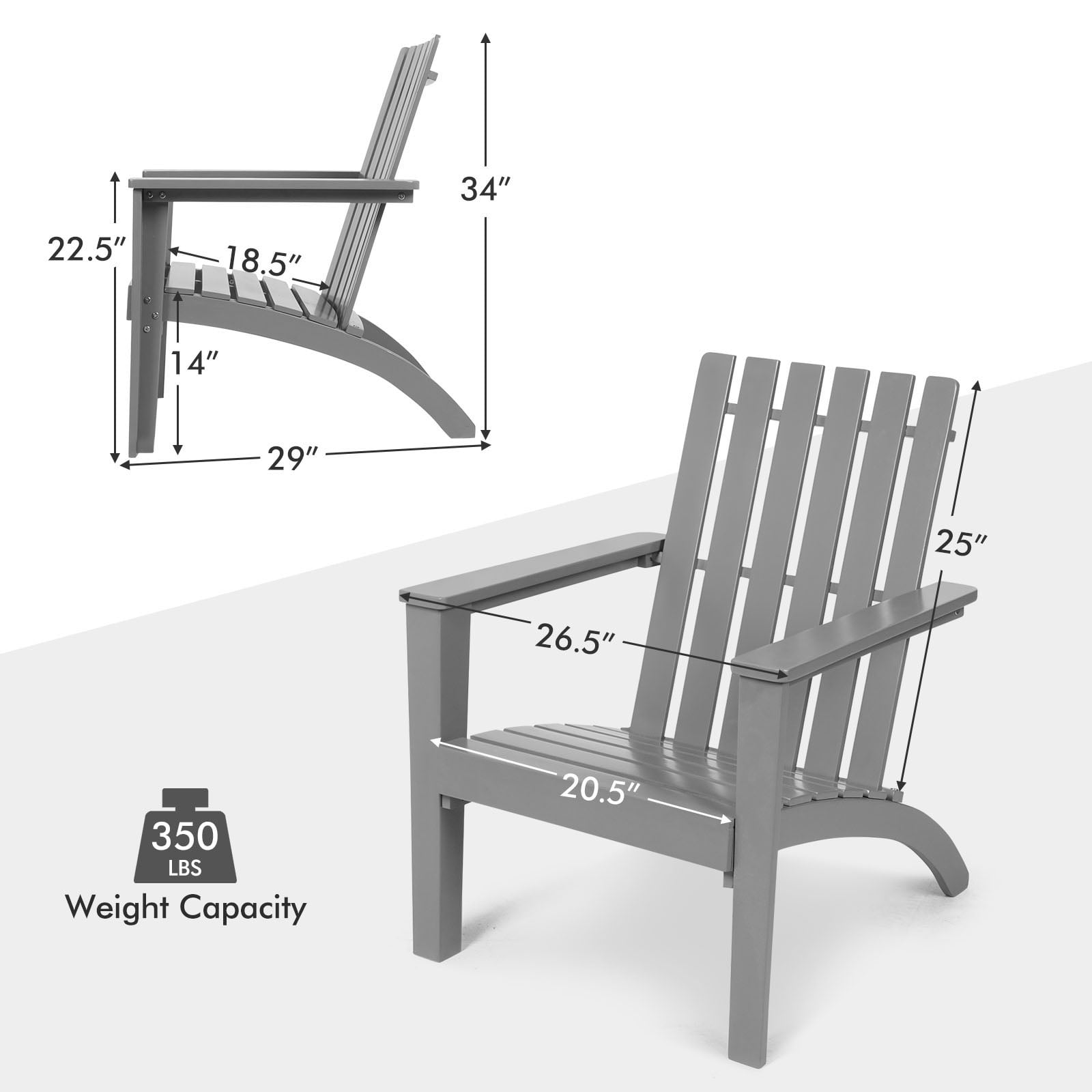 Patiojoy Wooden Adirondack Chair W/Ergonomic Design Outdoor Lounge Armchair Acacia Wood chair for Yard&Patio Gray
