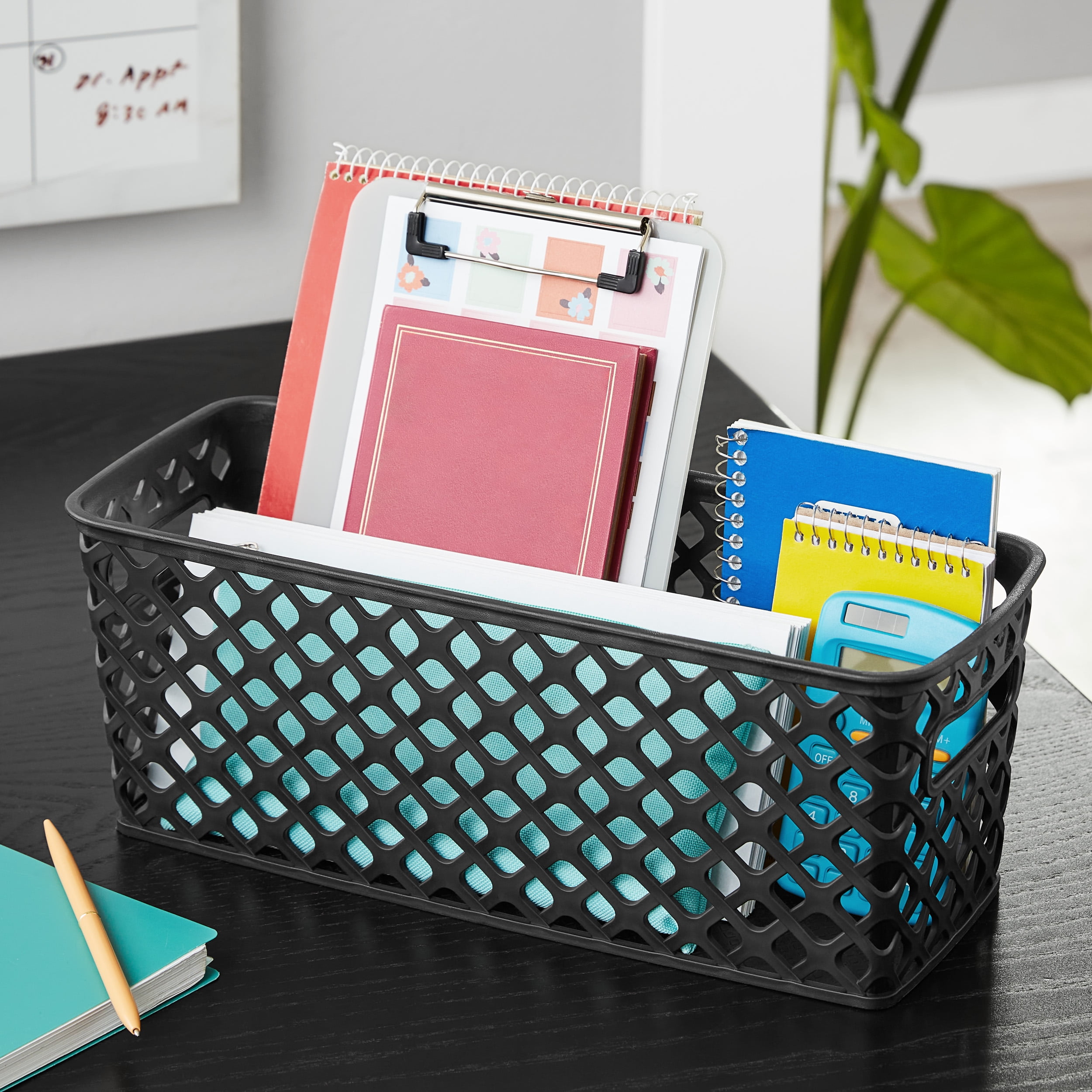 (4 pack) Mainstays Narrow Black Decorative Plastic Storage Basket, 13.6 in x 5.5 in x 5.1 in