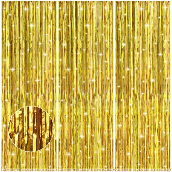 3 Pack Gold Tinsel Backdrop, 3.28 FT x 6.56 FT Metallic Fringe Curtain Party Streamers for Birthday Anniversaries Party Supplies