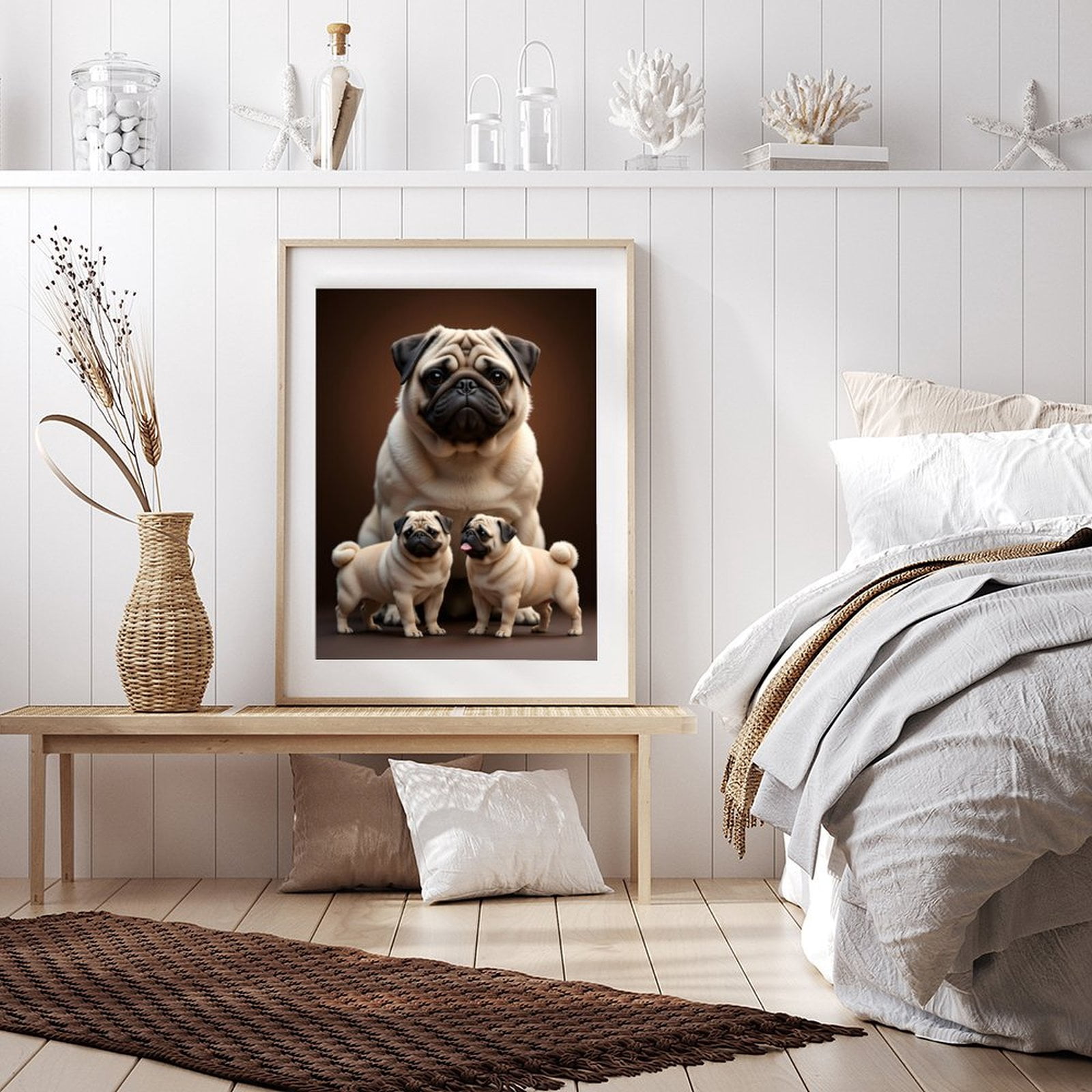 Diamond Art Kit for Adults, Pug Family Portrait Brown Background Diamond Painting for Adults Beginners, DIY Diamond Art Painting Kits, 5D Diamond Painting Crafts for Home Decor 12x16 Frameless