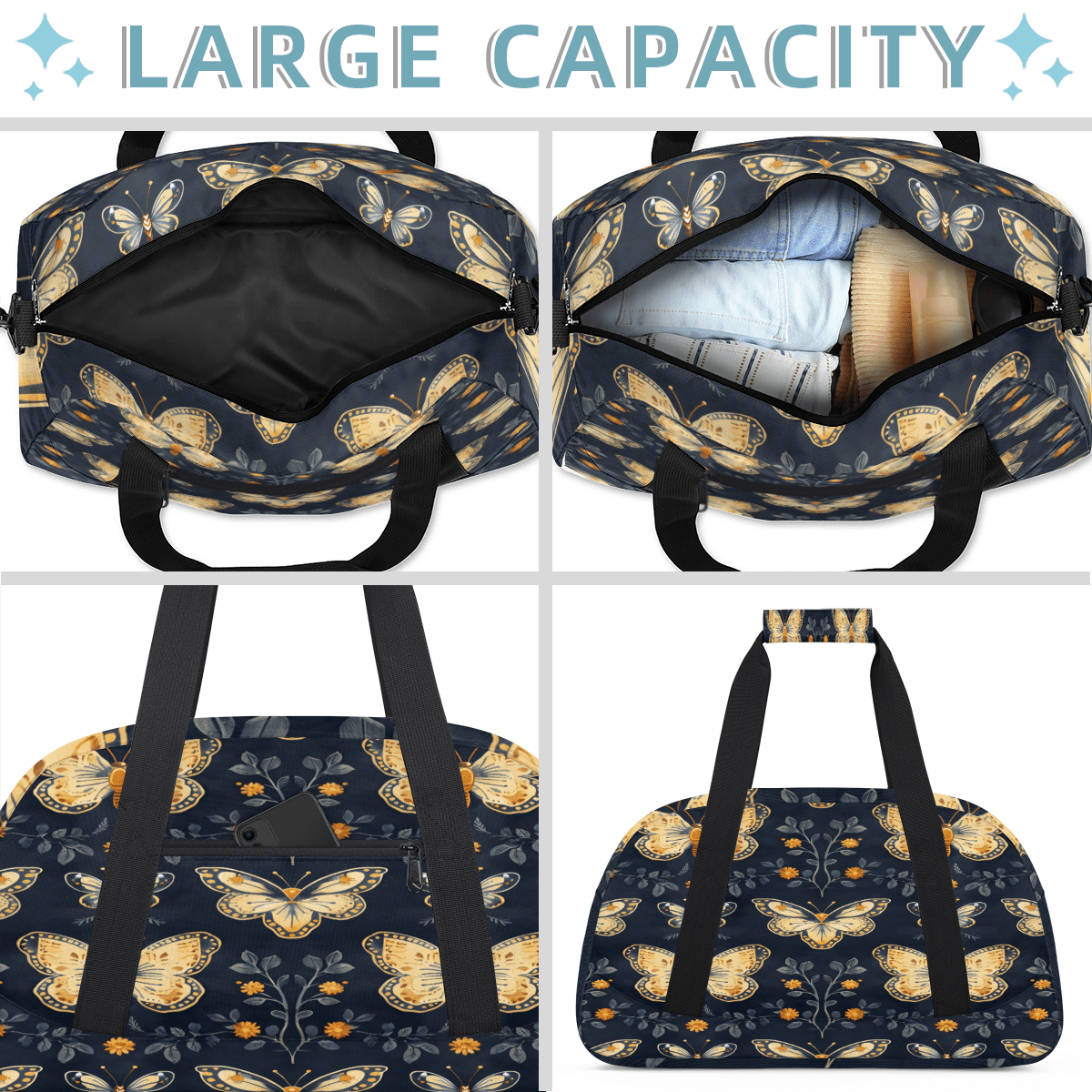 Herdesigns Floral Butterflies Sports Duffle Bag for Women & Men, Butterfly Gym Bag Dance Bag Overnight Bag Carry On Weekender Travel Bag