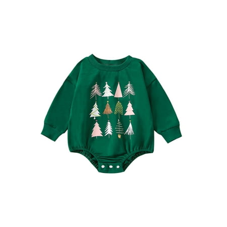 

Qiylii Baby Girls Boys Christmas Romper Infant Round Neck Long Sleeve Christmas Tree Print Jumpsuits Bodysuits 0-18M