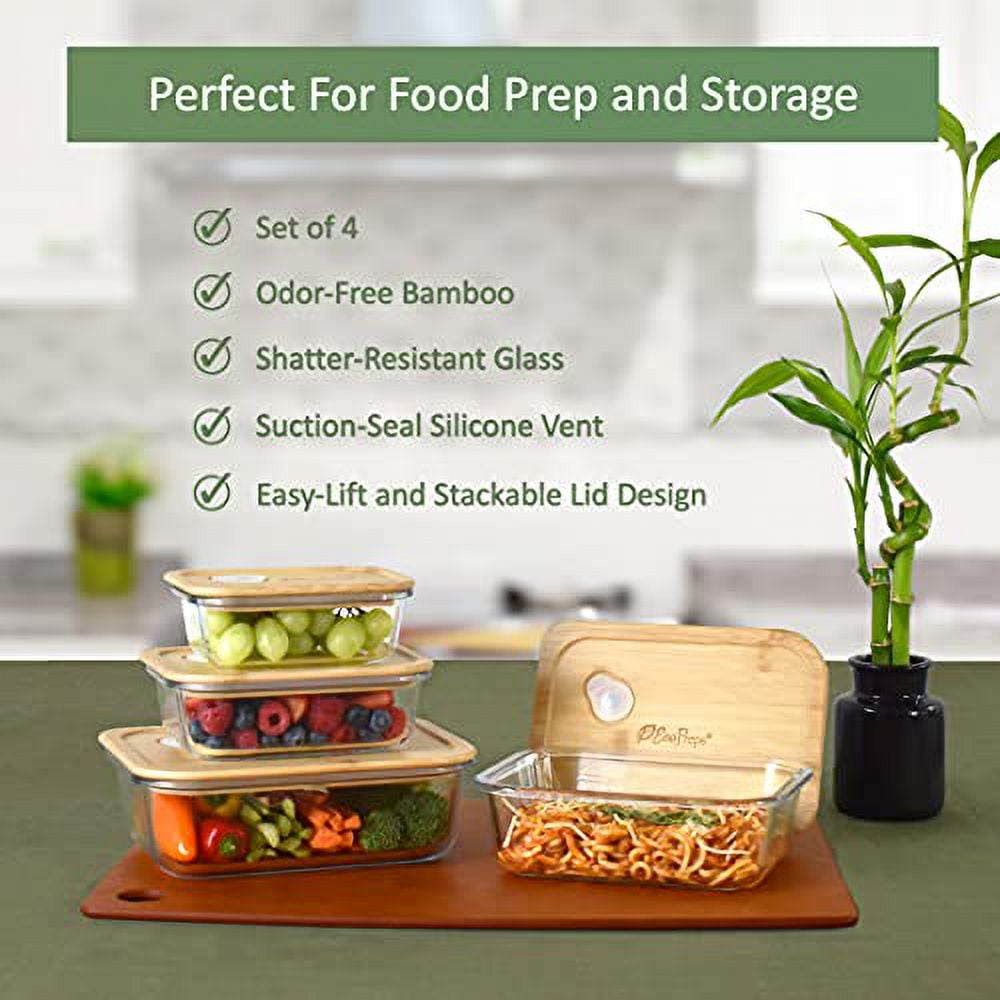EcoPreps Glass Food Storage Containers with Bamboo Lids【4 Pack】100% Plastic  Free, Eco-Friendly, Oven & Microwave Safe Glass Meal Prep Containers