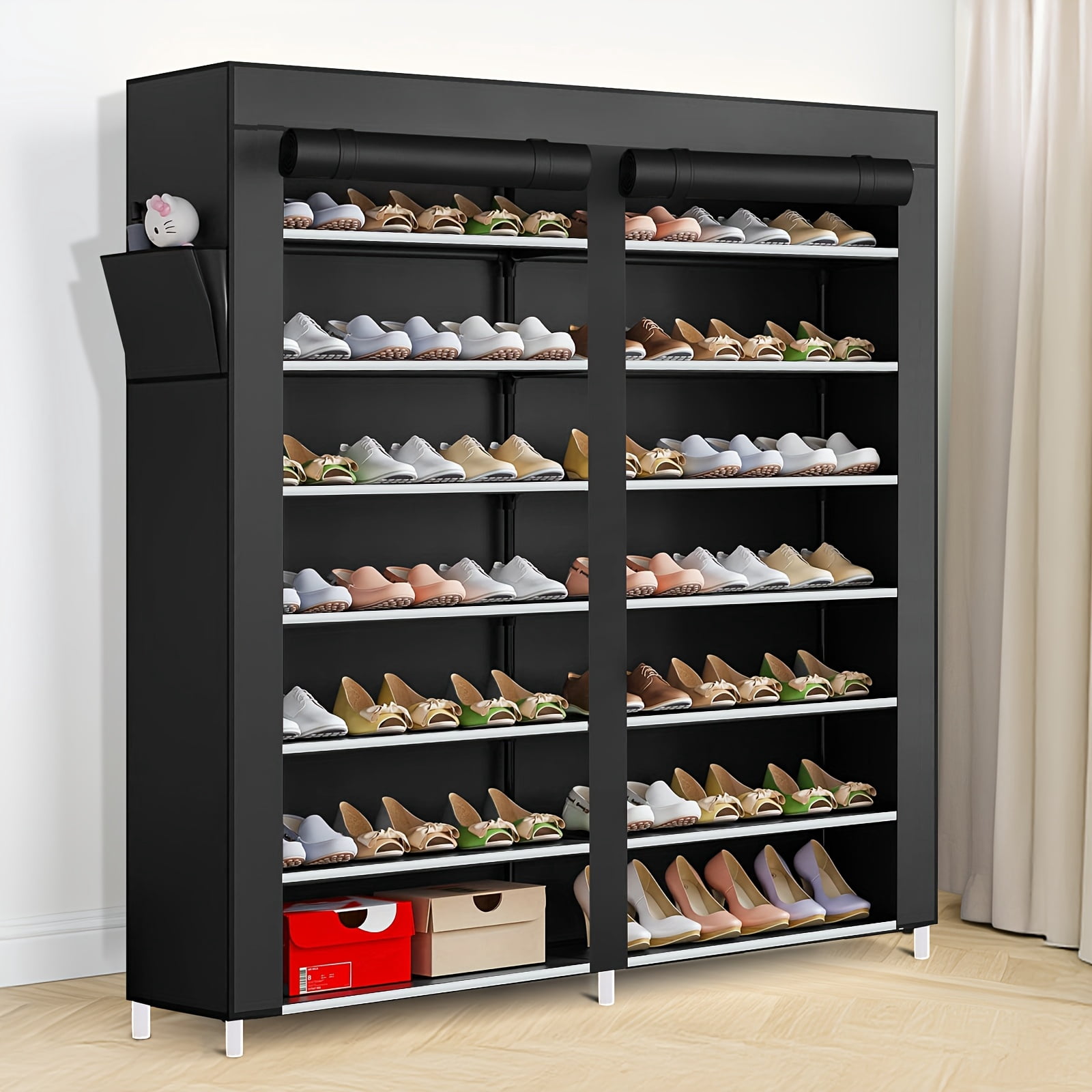 Double Row 7-Tier Shoe Rack with Dust Cover, Space-Saving Large Capacity Shoe Storage Cabinet, Easy Assemble Portable Organizer for Entryway, Home, Dorm