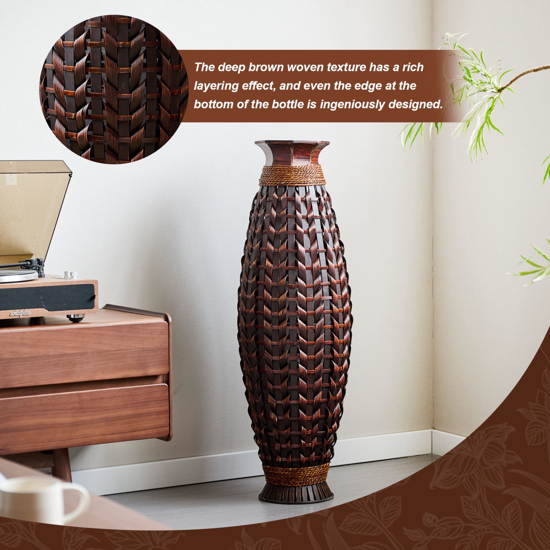 Noble House 38.97" Tall Handwoven Bamboo Floor Vase, Natural Woven Decorative Vase for Home Decor, Brown