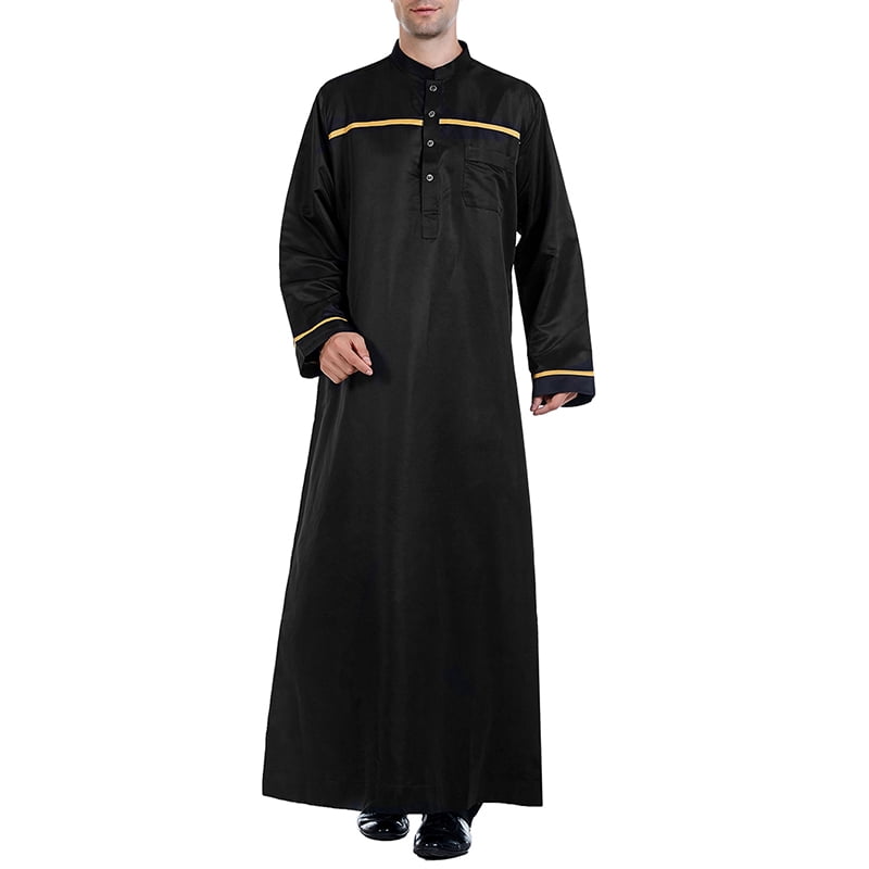Saudi Men Thobe Abaya Thoub Muslim Dress Stand Collar Robe Dishdasha Kaftan Gown 