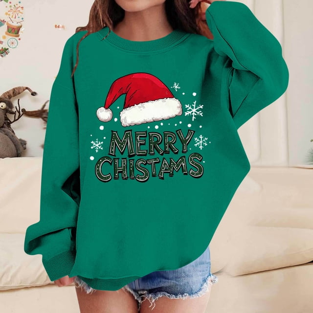 Blusas y camisas de manga larga con cuello redondo para niños Estampados navideños de manga larga Casual Suelto Forro polar para mayor calidez Sudadera con capucha de manga larga con cuello redondo pa