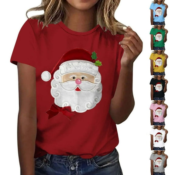 Christmas Shirts for Women Santa Claus T-Shirt Casual Holiday Xmas Short Sleeve Crew Neck Tee Tops