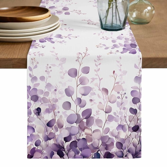Purple Eucalyptus Table Runner, Spring Botanical Plant Aesthetic Washable Cotton Linen Table Runners 120 Inches Long, Dresser Scarf Runner for Dining/Living Room/Kitchen/Square Tables 13''x120''