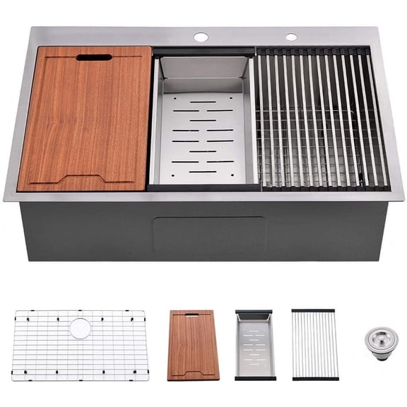 Stainless Steel Kitchen Sink Workstation 33-inch Drop-In 16 Gauge Kitchen Sink R10 Radius Stainless Steel Kitchen Sink Single Bowl with Intergrated Ledge & Accessories (Pack of 5) -33"x22"x10",Single