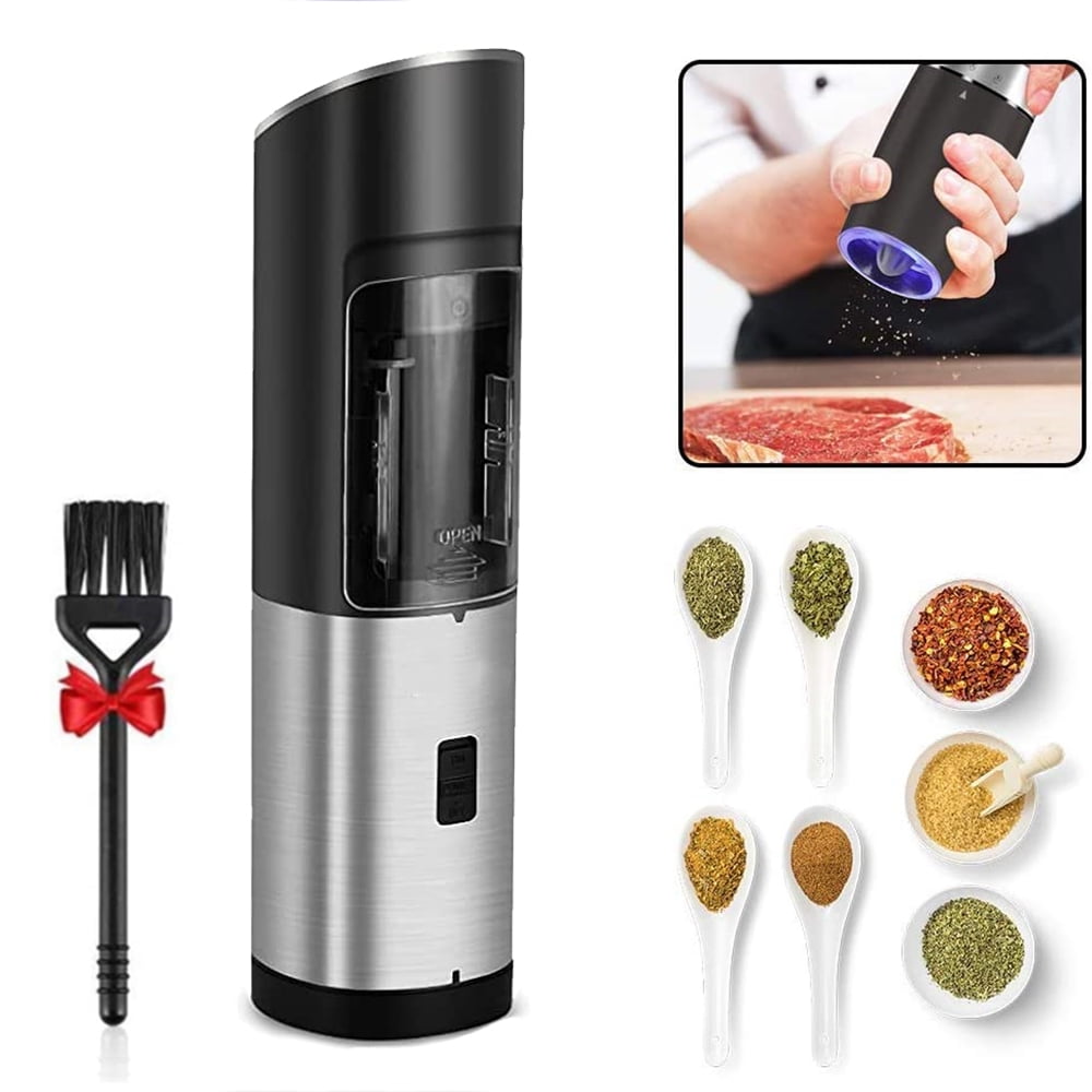 PwZzk Battery Operated Gravity Electric Salt and Pepper Grinder Mill Set with White Light Stainless Steel One Hand Automatic Operation Refillable