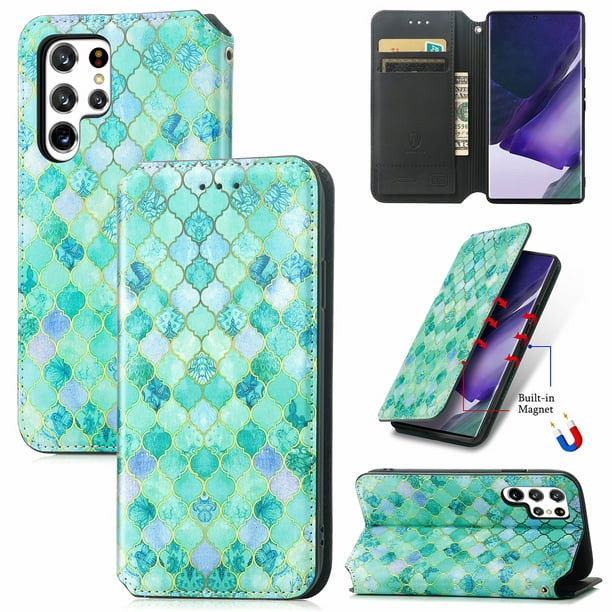 Galaxy S22 Ultra Case Tech Circle With Card Holders Magnetic Closure Flip Case Protective Lightweight Leather Fold Stand Case For Samsung Galaxy S22 Ultra 6 8 Inch 22 Release Phone Green Gem Walmart Com