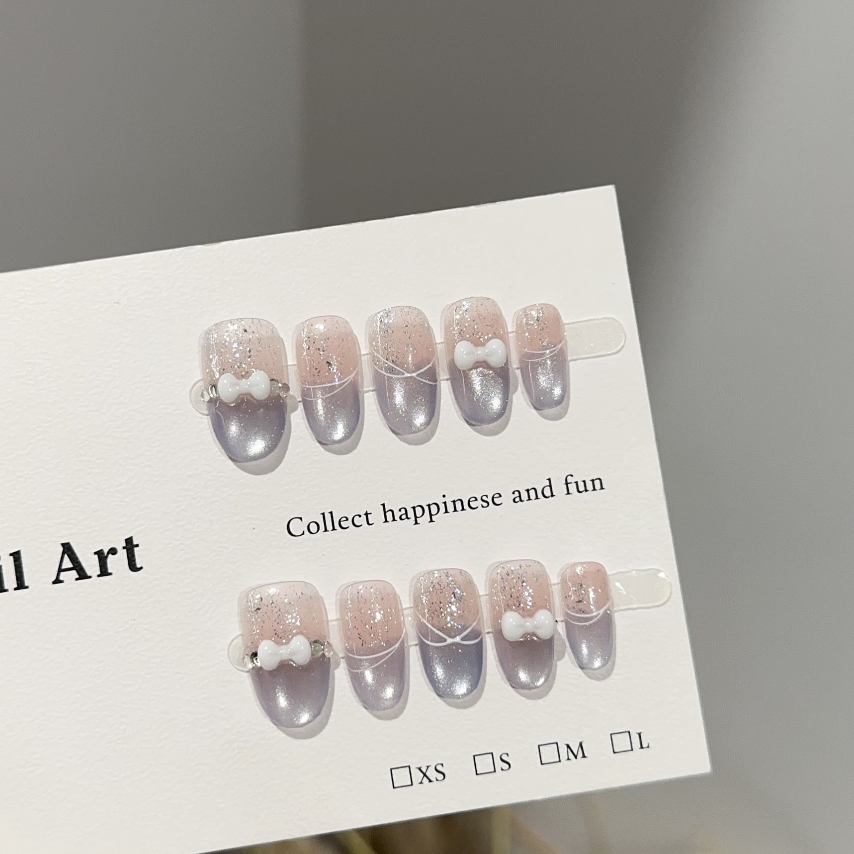Purely handmade wearing nail high-end purple cat eye short nail art piece light luxury white bow fake nail patch