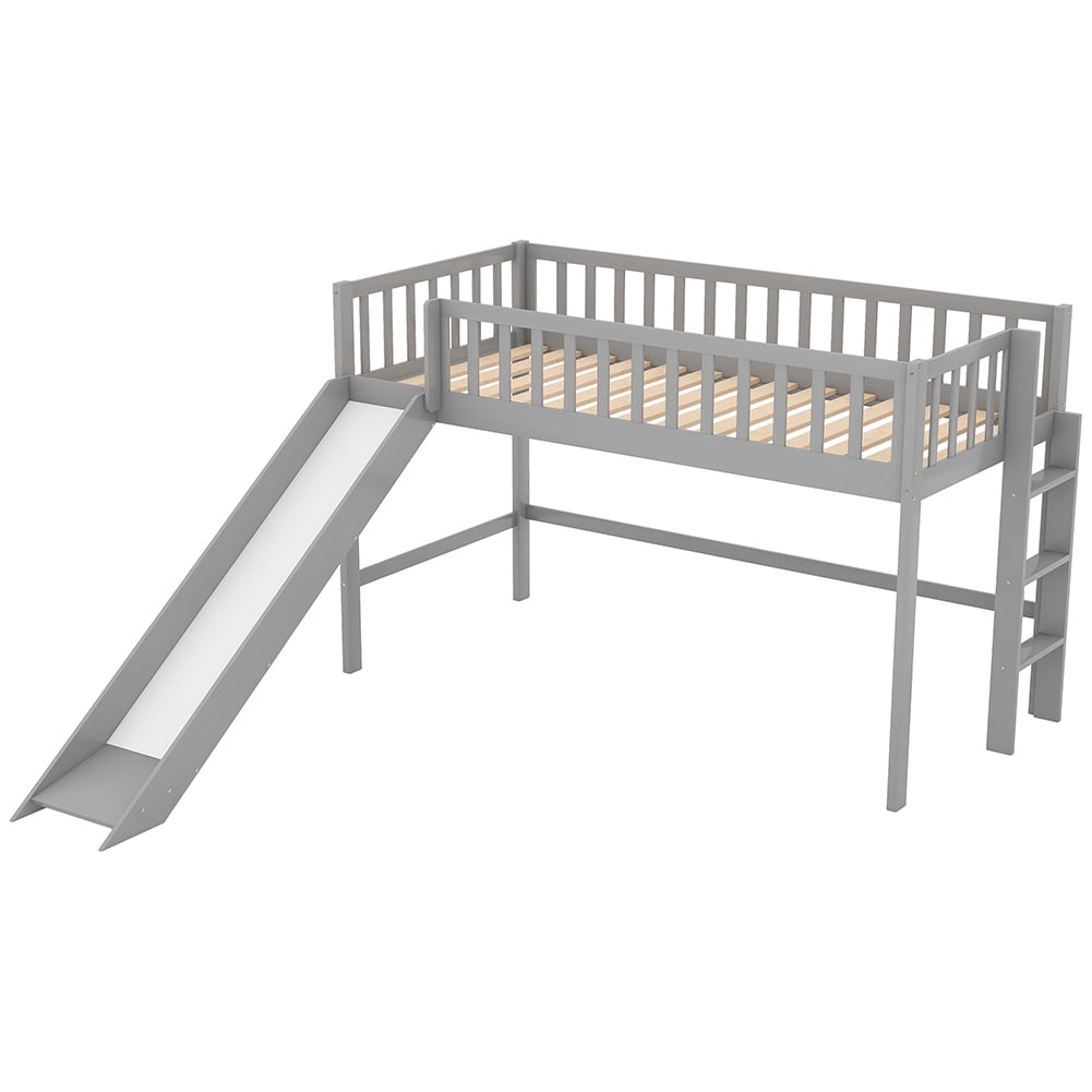 Kadyn Twin Size Low Loft Bed with Ladder and Slide, Gray