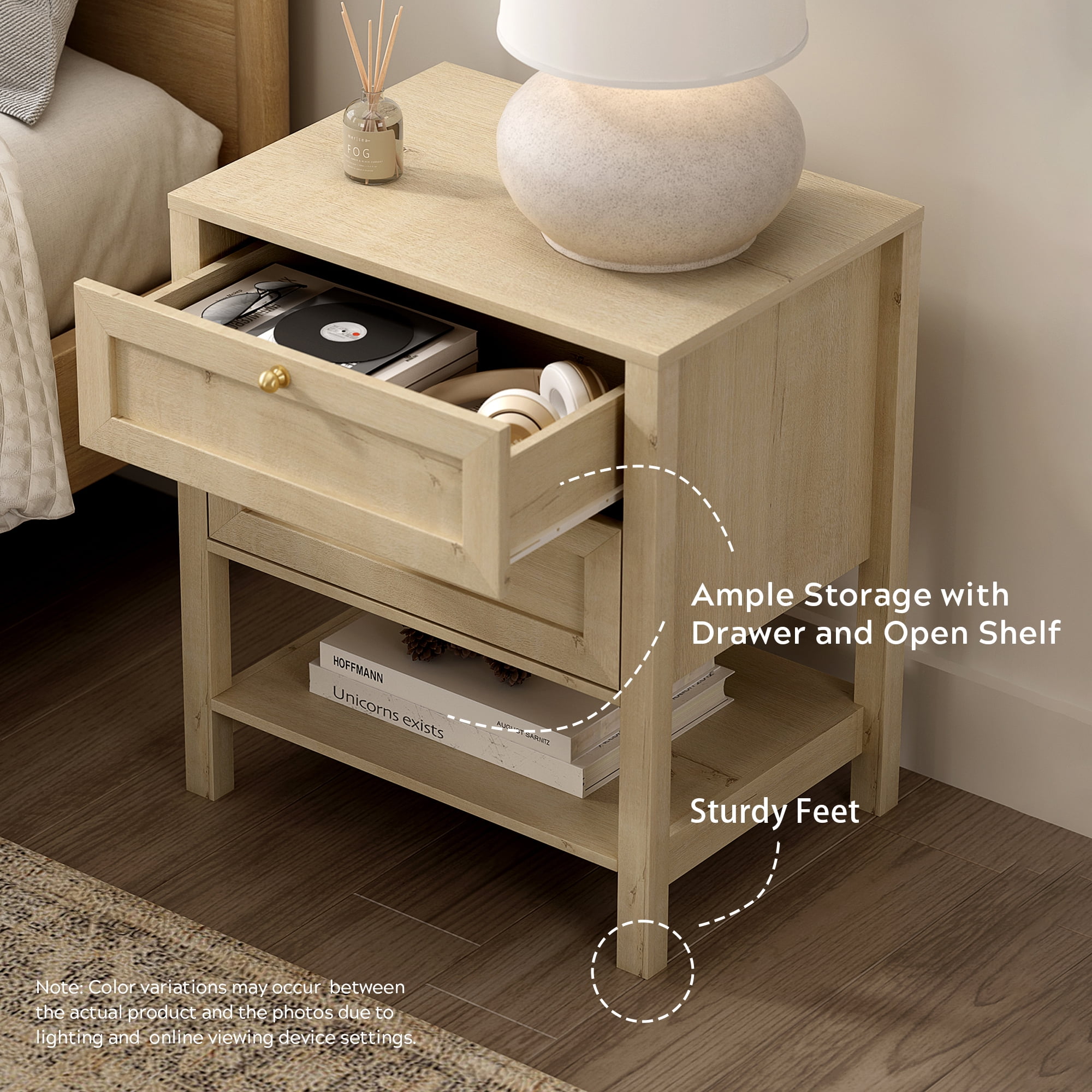 EYYTHUNG Farmhouse Nightstand Set of 2 with Drawer 24.4" Tall Modern Wood Bedside Table with Open Shelf, Large End Table, Light Oak