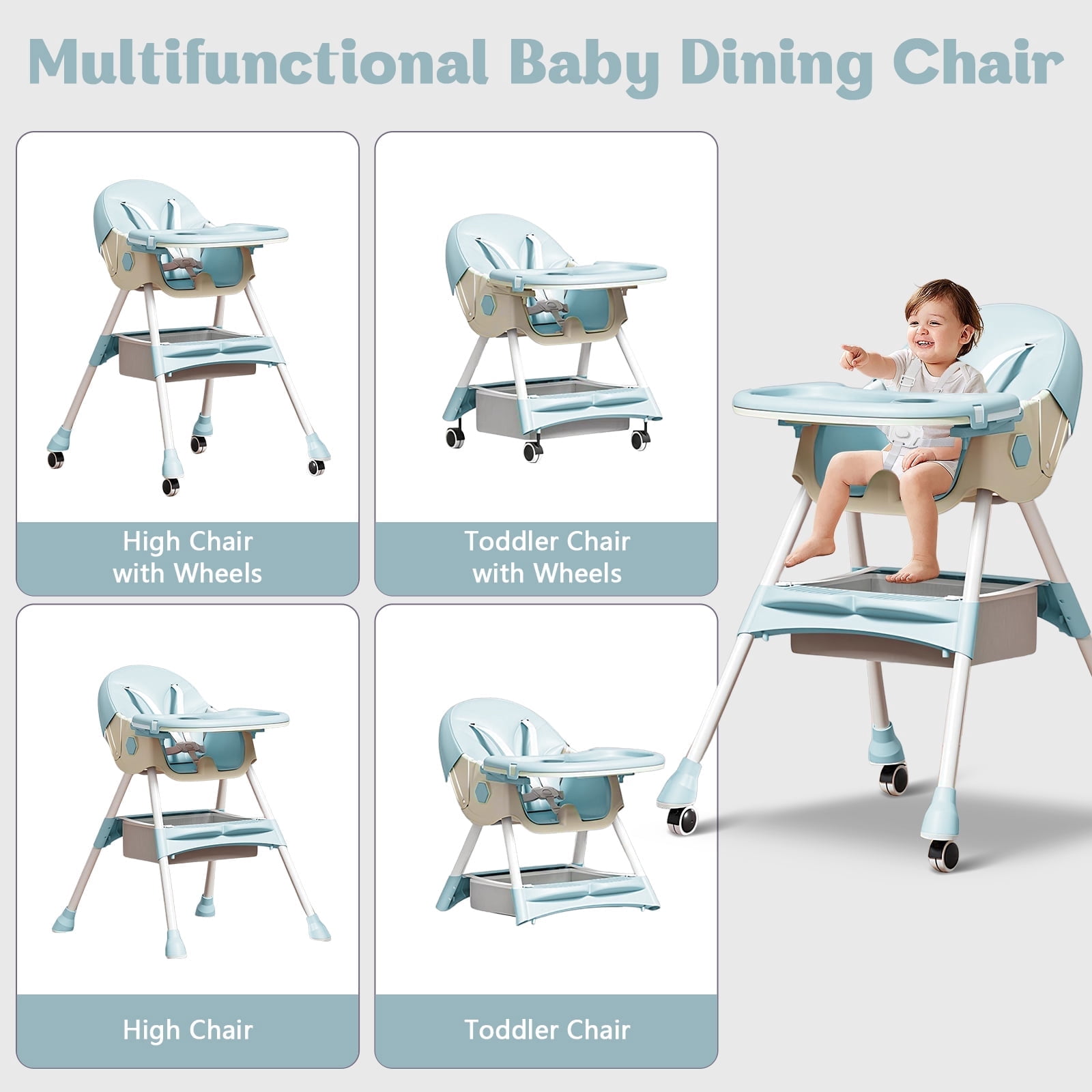PUEDO 4-in-1 Baby High Chair Portable Toddler Dining Chairs Eat & Play Convertible Highchair with Adjustable Tray, Green